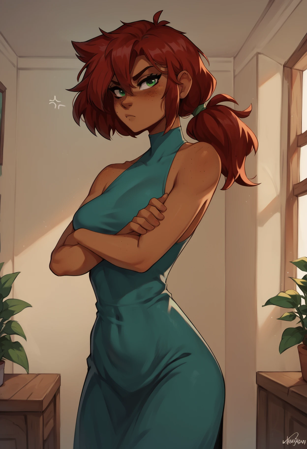 indoors
ponytail, red hair, (freckles:1.2), green eyes, petite, (dark-skinned female:1.2)
<lora:malyna:1> malyna, solo
blue dress
looking at viewer, annoyed, crossed arms, zPDXL2, score_9, score_8_up, score_7_up, score_6_up, score_5_up, anime, anime style,