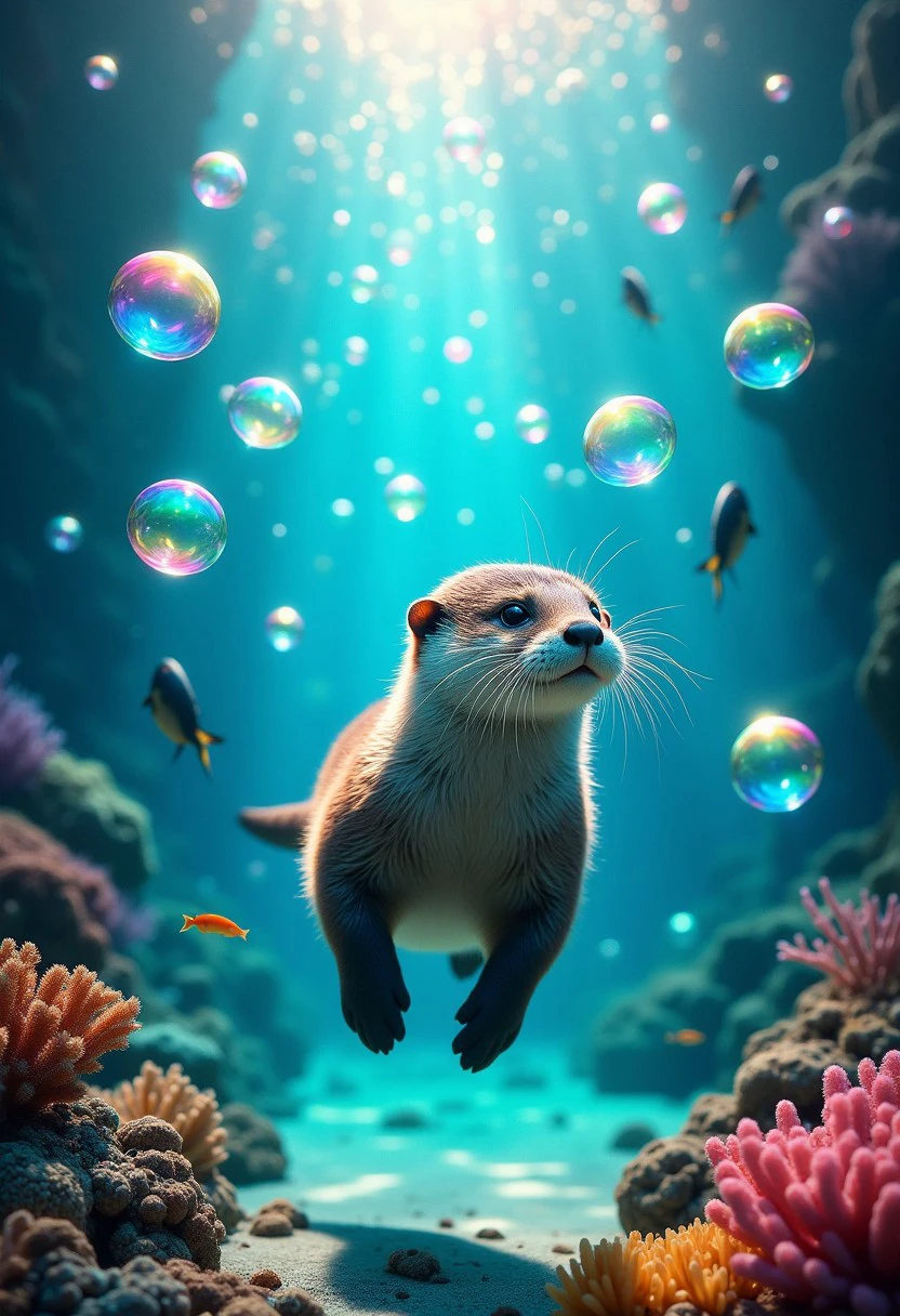 A playful otter swims through crystal-clear waters beneath floating dream bubbles, each glowing with soft rainbow light. Coral reefs below reflect the bubbles' shine, and schools of fish swim in and out of the glowing orbs.