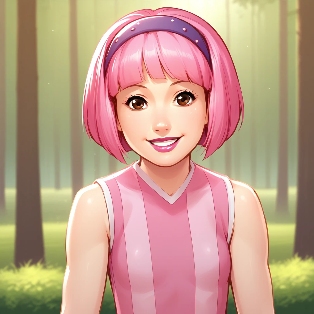 score_9_up, score_8_up, BREAK, Stephanie, 1girl, solo, pink hair, short hair, brown eyes, lipstick, headband, pink dress, sleeveless, pantyhose, upper body,  <lora:Stephanie_LazyTown_ClipArt_PXL_Leaf2:1>, outdoors, forest, depth of field, smile,