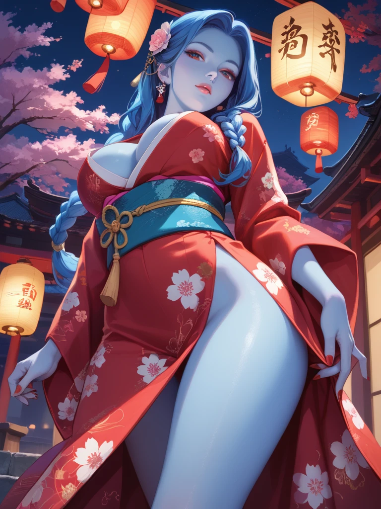 score_9, score_8_up, score_7_up, 1girl, solo, long hair, breasts, looking at viewer, large breasts, dress, blue hair, standing, braid, thighs, japanese clothes, kimono, nail polish, lips, sash, night, colored skin, looking down, short dress, floral print, from below, red dress, red nails, blue skin, paper lantern
