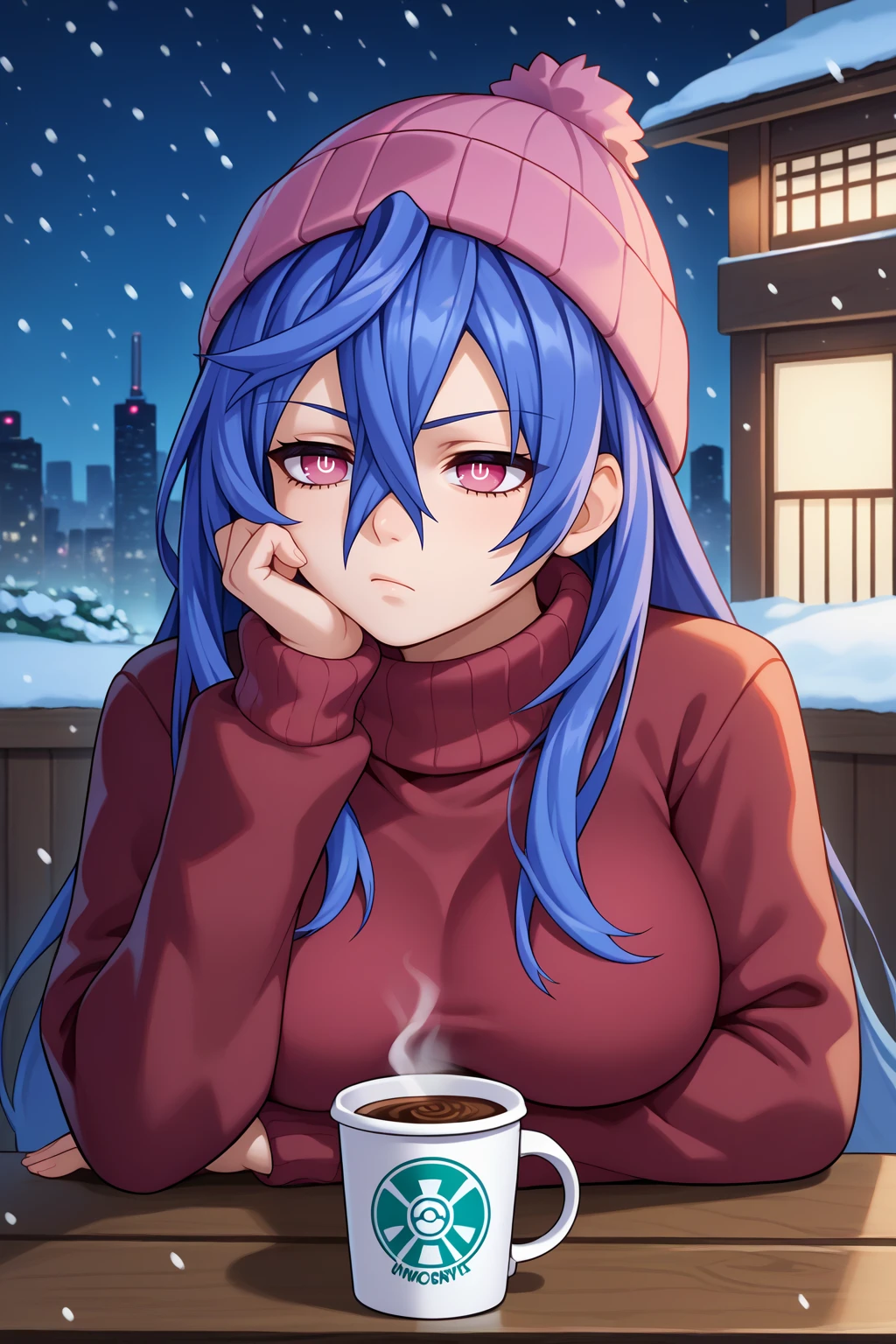 score_9, score_7_up, source_anime, upper body, bored, ihrt, large breasts, long hair, hair between eyes, blue hair, pink eyes, power symbol-shaped pupils, beanie, winter clothes, coat, turtleneck sweater, head rest, elbow on table, sitting, outdoors, night, snowing, skyline, coffee cup, <lora:Hoseki_HyperdimensionNeptunia_IrisHeart_PDXL_v1:1>