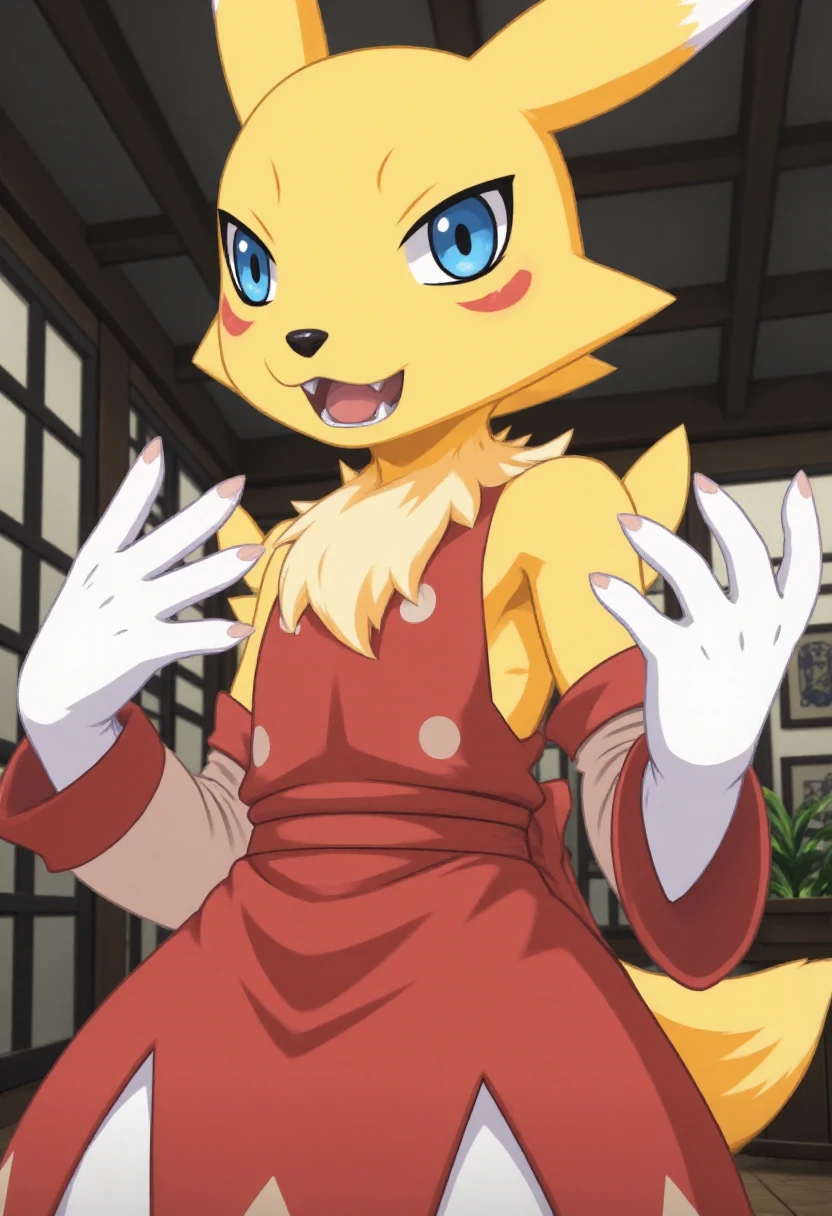 disgaea7style, renamon, digimon girl with yellow fur wearing a red dress, posing. anime background. <lora:Disgaea_7_Style_F1D-000013:0.7>  <lora:Renamon_-_Digimon_F1D:0.9>