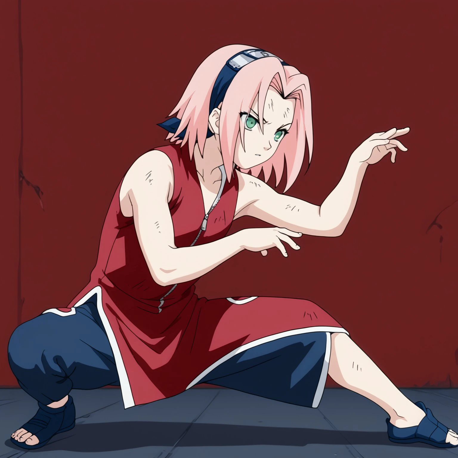 
score_9, score_8_up, score_7_up, (())
,
((( 1girl, solo, Mantismb, stance, fighting stance)))
,
((  ))
,
((( Petite body )))
,
((( Best straight frontal view, blured background )))
,
(( <lora:sakura-haruno-s1-ponyxl-lora-nochekaiser:1>, sakura haruno, medium hair, green eyes, pink hair, parted bangs, dress, bare shoulders, collarbone, sleeveless, sleeveless dress, zipper, zipper pull tab, forehead protector ))
,
(( Indoor, white modern wall  ))
,
((( )))
,
(((  ))) 