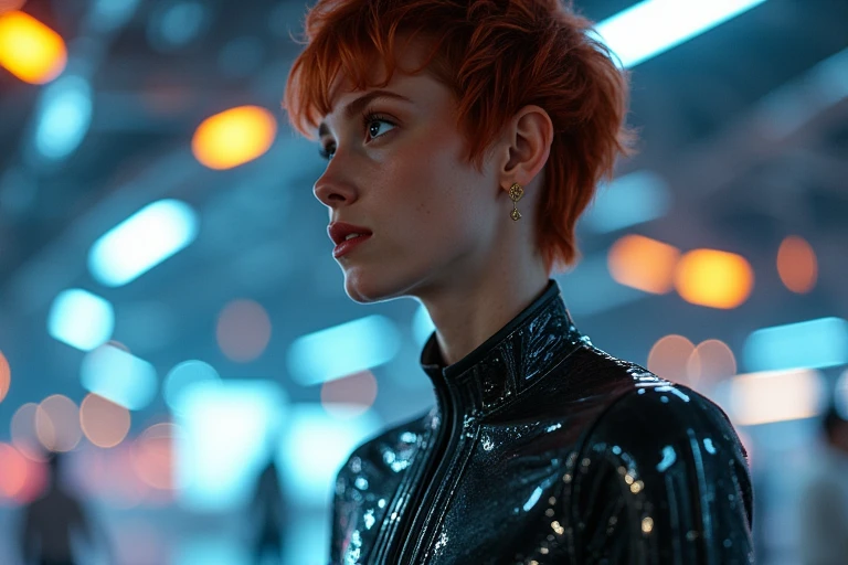 JudithHoagTMNTApril, close up, close up view, a young JudithHoagTMNTApril woman with red hair, undercut hairstyle. Amidst a bustling futuristic spaceport, she adjusts her sleek nano-fiber suit. Holographic displays flicker around her. The air hums with energy as ships of impossible sci-fi designs take flight in the neon-lit background. <lora:JudithHoag_TMNTApril_Flux:1>