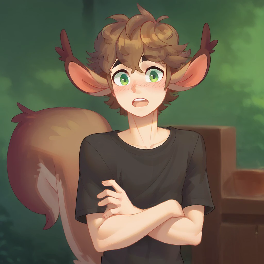 (masterpiece), best quality, expressive eyes, perfect face, black t-shirt, smile, blush, upper body, score_9, score_8_up, score_7_up, score_6_up, green eyes, short hair, curly hair, brown hair, 1boy, cashew, squirrel ears, squirrel tail, hybrid_cashew, ears up, open mouth, surprised, crossed arms , <lora:688196b8-14ab-42c6-a868-6081c99e1ac3:0.9>, <lora:42f8fcc2-f373-4b71-9e9a-956fb5b05a1a:1.0>