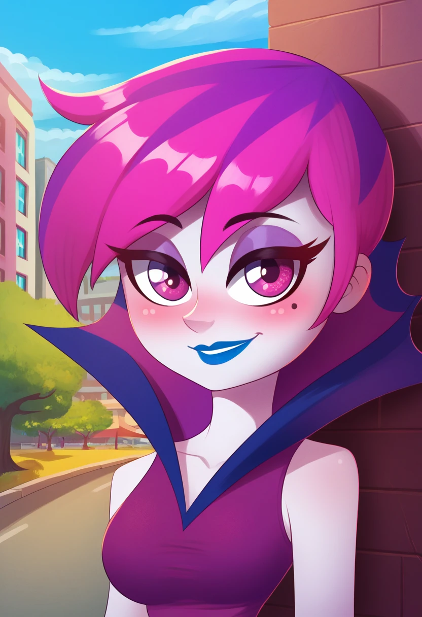 zPDXL, score_9,score_8_up,score_7_up,_up, best quality, amazing quality, masterpiece, 1girl, looking at viewer, solo, upper body, close, cute, blush, <lora:HildyGloom:1>, hildy gloom, pink-purple hair, short hair , makeup, blue lipstick , mole under eye, pale skin, sleeveless dress, blue-purple pantyhose, purple boots, blue sky,city, park, skyline, contour_deepening,depth of field, huge filesize,wallpaper,background,(flat color), dank flank, <lora:DankFlank:1>, large breast