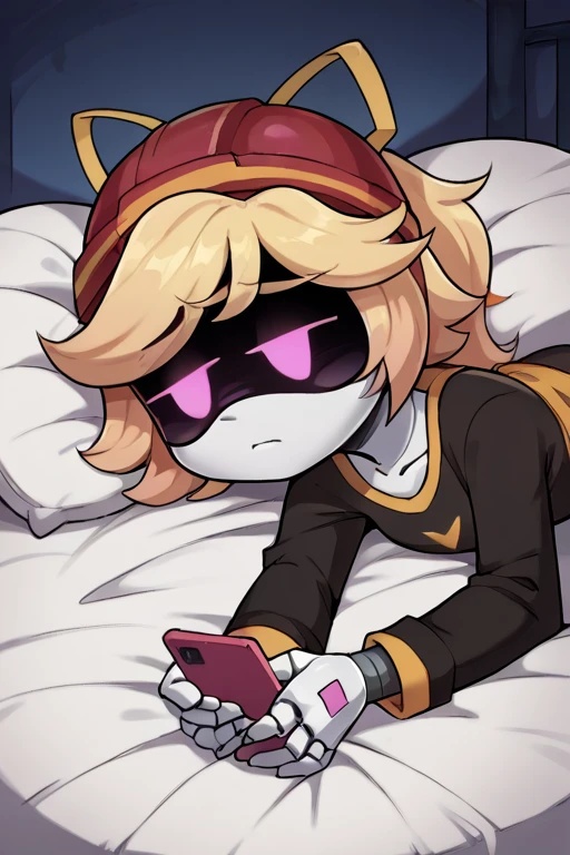 2D, score_9, score_8_up, score_7_up, BREAK, 1girl, solo, Lizzy, Blonde Hair, Pink Eyes, Robot, Visor, red helmet, yellow ribbon, laying down, black pajamas, tired, bed, night, holding cellphone