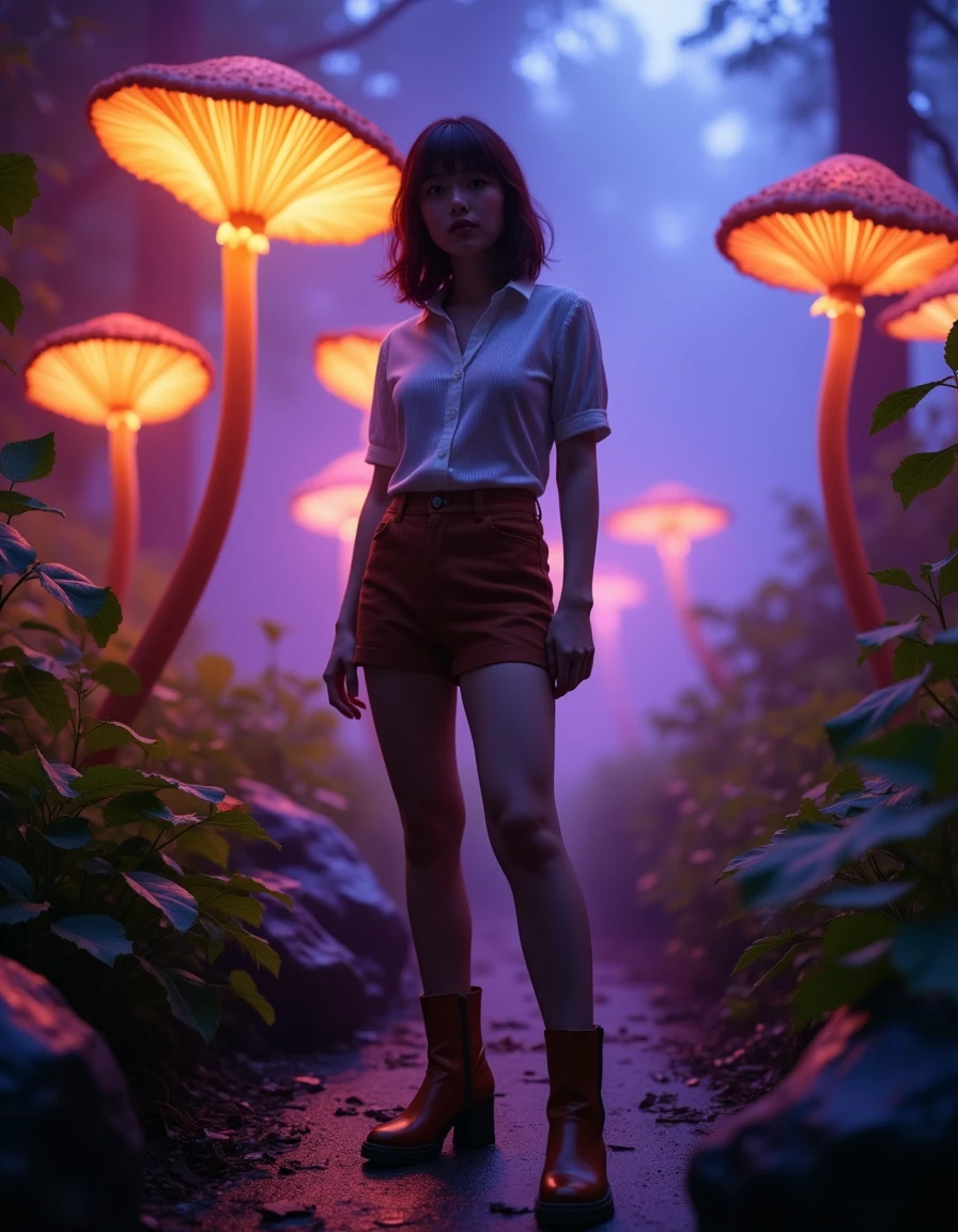 A woman with shoulder-length maroon hair and stylish bangs, standing confidently in the enchanting Myconid Haven, where luminescent fungal canopies glow softly above her. She wears ankle boots in a rich cognac leather with a chunky heel, adding a touch of sophistication to her look. The scene is captured in ultra-real, raw digital photography style, evoking a sense of magic realism, with the surreal beauty of the glowing fungi contrasted against her chic, modern appearance. The lighting is a combination of gel lights that cast a mystical, colorful glow over the scene, reminiscent of a Kodak Portra 400 film's vibrant and rich tones. The intricate details of her outfit and the mesmerizing environment around her are captured with a mastery that blurs the line between reality and fantasy, creating a masterpiece that feels both otherworldly and grounded in raw beauty