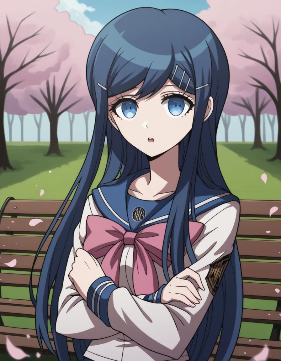 score_9, score_8_up, score_7_up, source_anime, <lora:sayaka-maizono-s1-ponyxl-lora-nochekaiser:1>, sayaka maizono, long hair, bangs, blue eyes, hair ornament, blue hair, hairclip,, long sleeves, bow, school uniform, collarbone, serafuku, bowtie, sailor collar, pink bow,, park, cherry blossoms, bench, gentle breeze, peaceful, running, open mouth,, , looking at viewer, arm crossed over chest, solo,, cowboy shot, dutch angle