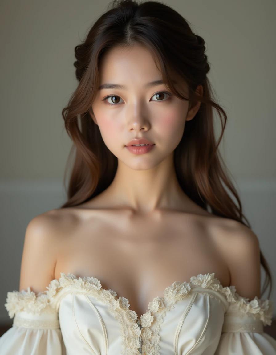 A best quality, masterpiece, raw photo of a girl dressed in an ornate white off-shoulder Rococo gown, embodying the elegance of 19th-century fashion. Her long brown hair flows gracefully over her shoulders, framing her shy face as she looks directly at the camera with a gentle, demure expression. The photo captures her at eye level, highlighting her delicate features and the subtle hint of cleavage visible through the intricate detailing of her gown. The setting is simple, with a clean background that keeps the focus on her. The shot is taken from a middle distance using a long-range lens, creating a professional cinematic feel with soft shadows and a subtle bokeh effect that blurs the background beautifully. Far side key lighting casts a soft, even glow on her, enhancing the balanced contrast and exposure, making every detail of her outfit and expression stand out. The overall composition exudes a timeless elegance, with the photograph perfectly capturing the blend of historical style and modern photography techniques