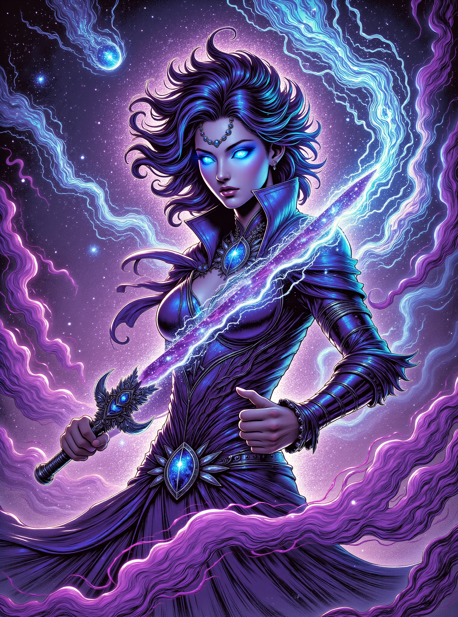 donmc0m1cm4g1cfx magic, female blademaster  Wielding cantrip shaped like Nebula of iridescent gaseous void and electrokinesis