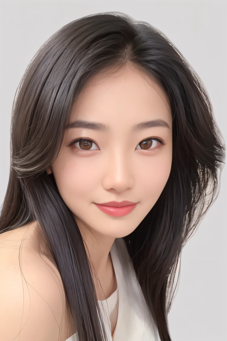 (masterpiece, top quality, best quality, (close-up photograph: 2), ((1girl)), korean, fair skin, (extremely detailed face), ((looking at viewer)), ((((ultra-detailed eyes and pupils)))),((((ultra-detailed lips)))) cheekbone, plump cheeks, ((bare pectorals)), ((bare chest)), ((tube dress)), bare head, ((bare shoulders)), symmetrical frame, (((strapless))), ((closed lips)), (((smile))), ((symmetrical pose)), (symmetrical face: 1.6), 35mm, ((((minimal plain white background)))), ((no lighting)),no watermark, ((medium hair)), <lora:xiaomin:0.7>