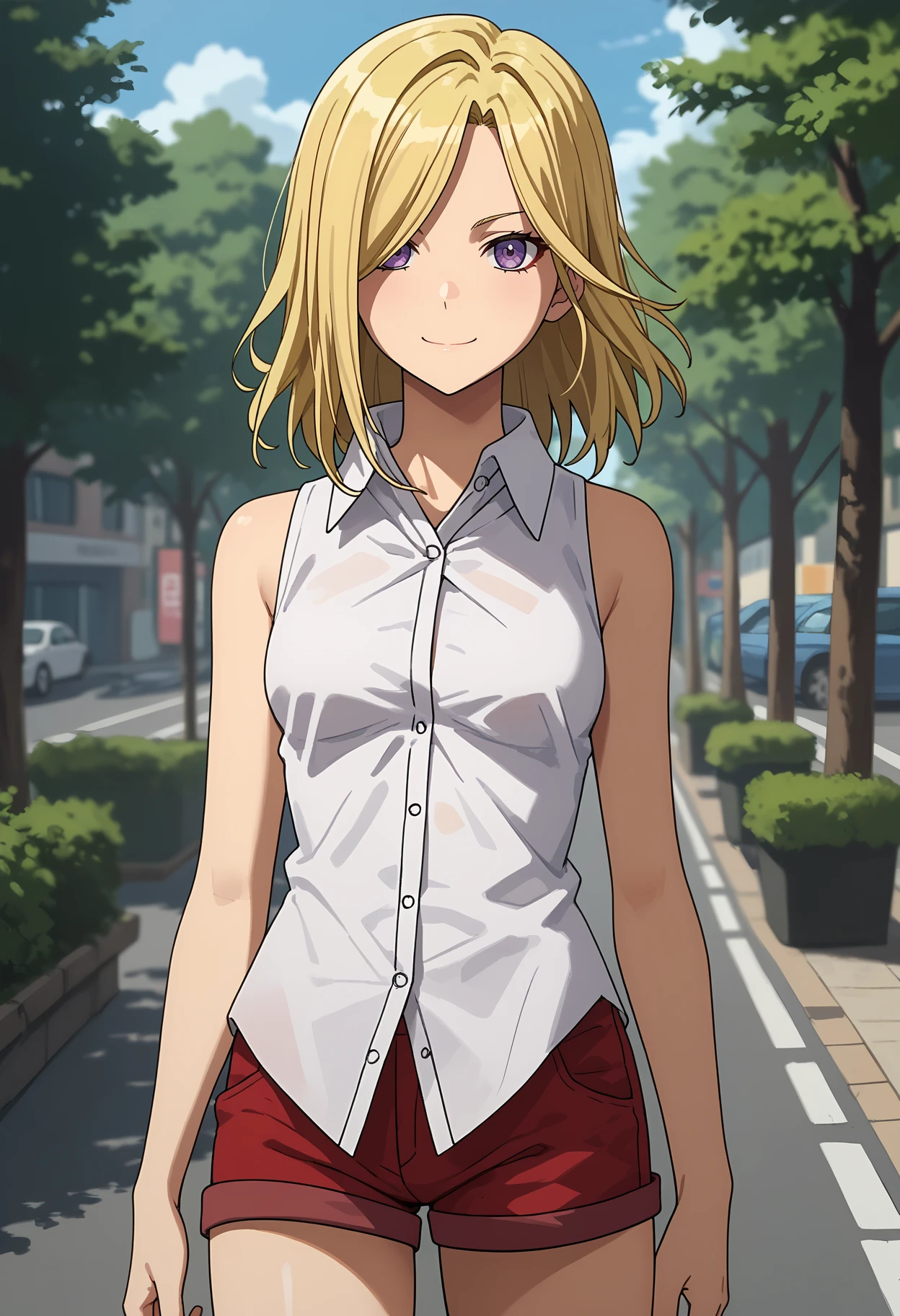 score_9, score_8_up,
<lora:Durarara_VoronaXL:0.9>,
1girl, solo, closed mouth, light smile,
medium hair, blonde hair, purple eyes, hair over one eye,
VoronaCasual, untucked shirt, collared shirt, sleeveless shirt, white shirt, dress shirt,short shorts, red shorts,
standing, looking at viewer,
blurry background, outdoors, street, tree