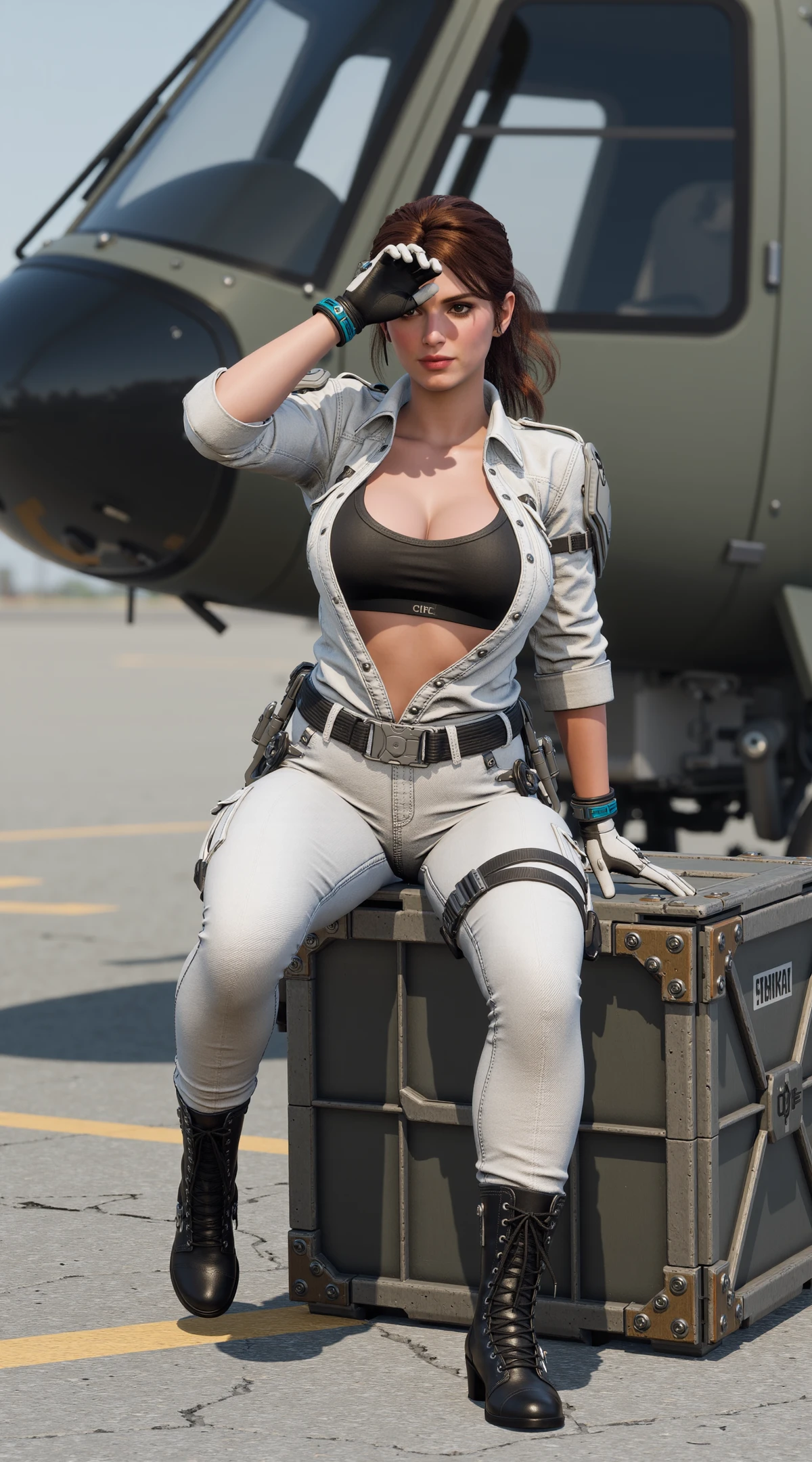 cinematic film still of TFD-Hailey-Default, a woman with brown hair tied back in a low ponytail. She is sitting on a crate next to a helicopter shielding her eyes from the sun with her hand. The concrete ground has cracks and painted lines
She is dressed in a form-fitting, white, high-tech military outfit with a futuristic tactical design. The suit has a buttoned-up jacket that slightly open to reveal a black sports bra underneath. The jacket features shoulder pads and multiple pockets. The suit is paired with matching white pants that have a slight sheen, indicating a synthetic material. The suit features a high-waisted design that accentuates her hips and thighs.
The character is accessorized with several gadgets and devices. She wears a earpiece, suggesting communication or surveillance capabilities. On her left wrist, she has a blue and black wristband, and on her right wrist, she wears a white and black wristband. Additionally, she has a utility belt with various tools and equipment attached to it. Her hands are gloved, adding to the high-tech theme. Her outfit includes black, lace-up ankle boots that reach mid-calf, adding to the militaristic aesthetic. <lora:TFD-Hailey-Default:0.7>