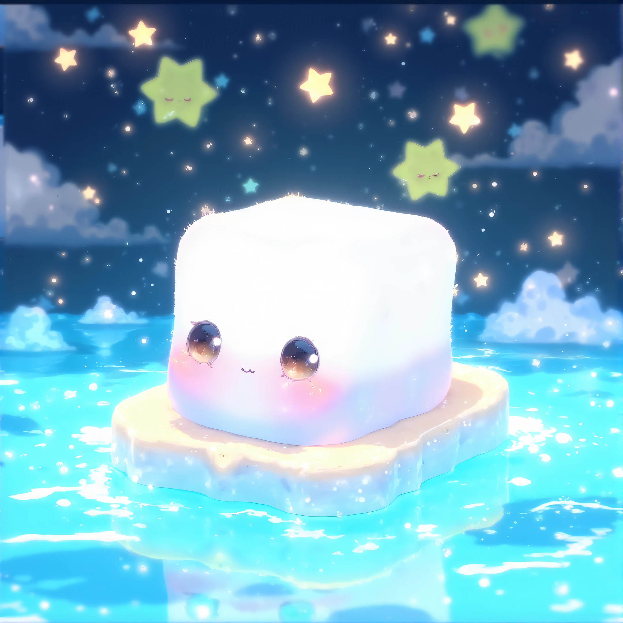 ArsMJStyle, Cute, cube, The image shows a cute marshmallow floating on top of a body of water surrounded by stars in the background. The marshmallow is in the center of the image with the water at the bottom and stars and lights in the sky., no humans, water, :3, watercraft, star (symbol), boat, food, blurry, sky, night