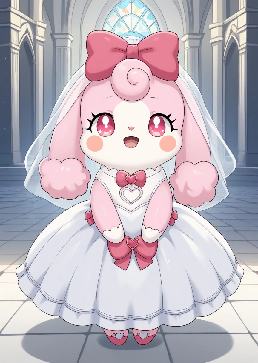 score_9, score_8_up, score_7_up, score_6_up, score_5_up, BREAK
source_anime, source_furry, Melory, solo, smile, open mouth, bow, standing, full body, open eyes, :d, hair bow, heart, no humans, church, blush stickers, happy, pink bow, wedding dress, wedding veil, blushing, 