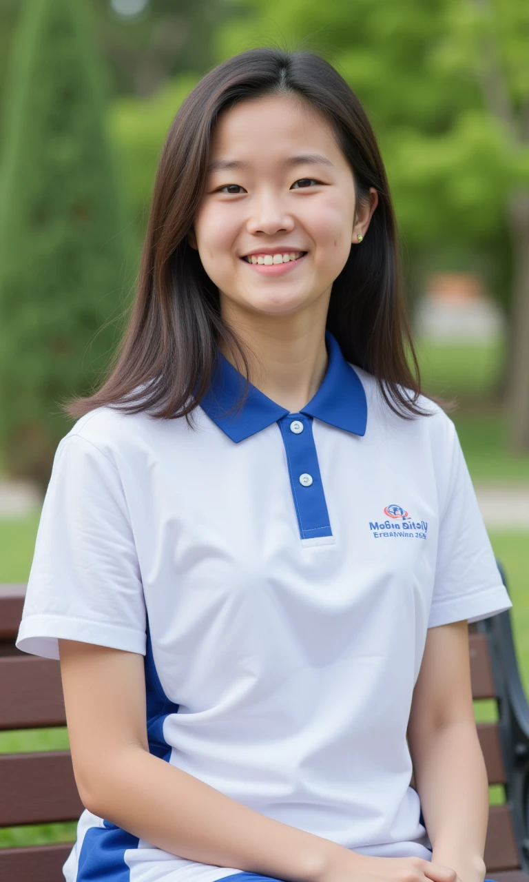 a 15-year-old lady wearing white shirt. she sits on a bench at a park.