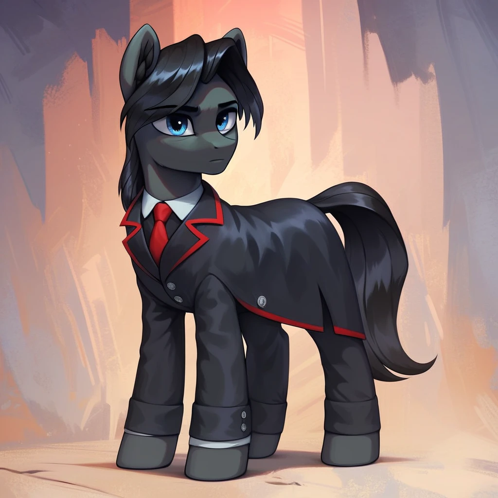 masterpiece, score_9_up, score_8_up, score_7_up, score_6_up, (best quality:1.1), ultra-detailed, high resolution, solo, Sinister Serov, pony, mlp, feral, thin eyebrows, blue eyes, stallion, male, pony ears, black ear fluff, black skin, black mane, curtain bangs, tail, full body, full dressed, black suit, red tie, detailed facial features, standing, full body, expressiveh, simple background, highly visible, sharp focus, anatomically correct