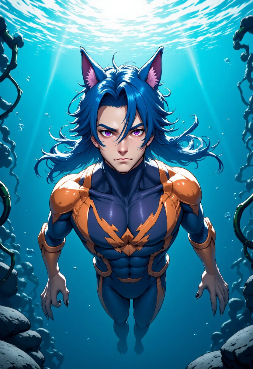 dsk_aesthetic, comic art style, solo, male focus, long hair, looking at viewer, blue hair, claws, 1boy, animal ears, purple eyes, underwater, electric wires, ocean vibes, against glass, straight on, aquarium, ocean vibes, soft light, extremely detailed, Ultra-HD ,