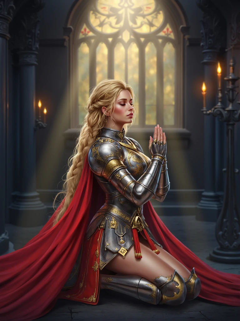 krrat style, digital illustration, distant shot of paladin woman in ornate armor and red cape praying on her knees, closed eyes, ornate silver armor with big golden shoulder pads, blonde hair with longe single braid, beam of light falls on her body, light made caustic effects because of stained glass windows and dim glowing candles, <lora:sxz-Krrat-Flux:1>