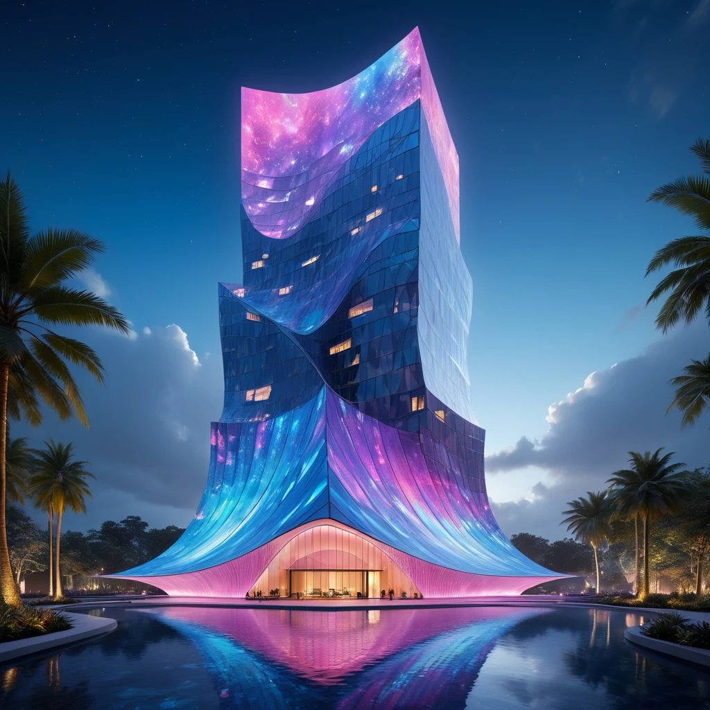 ""<architecture buildnig 1:3>"" Design a futuristic architectural structure inspired by Letterism art. The building features a blend of sharp geometric and fluid organic forms, with some segments suspended as if floating. Its crystalline facade reflects light, creating a dazzling spectrum of colors.

Set in a fantastical environment, the structure is surrounded by bioluminescent plants and gravity-defying waterfalls, all under a cosmic sky with swirling purples, blues, and pinks. Interactive holographic projections and reflective pools enhance the otherworldly atmosphere, making the building a captivating fusion of advanced technology and surreal artistry.