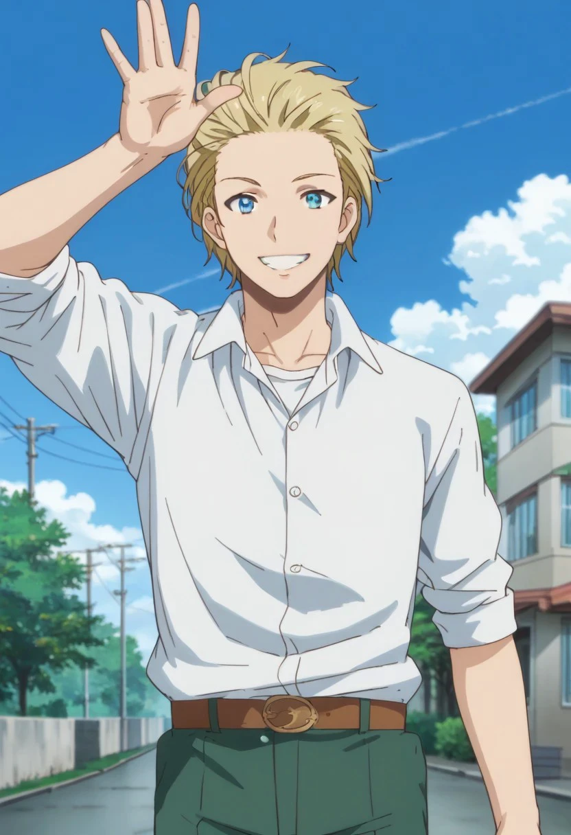 score_9, score_8_up, score_7_up, source_anime, rating_safe, waving, AlexDG, blonde_Alex_hair slicked back, blue_Alex_eyes, 1boy, male focus, anime screencap, white_Alex_collared shirt, brown_Alex_belt, green_Alex_pants, smile,