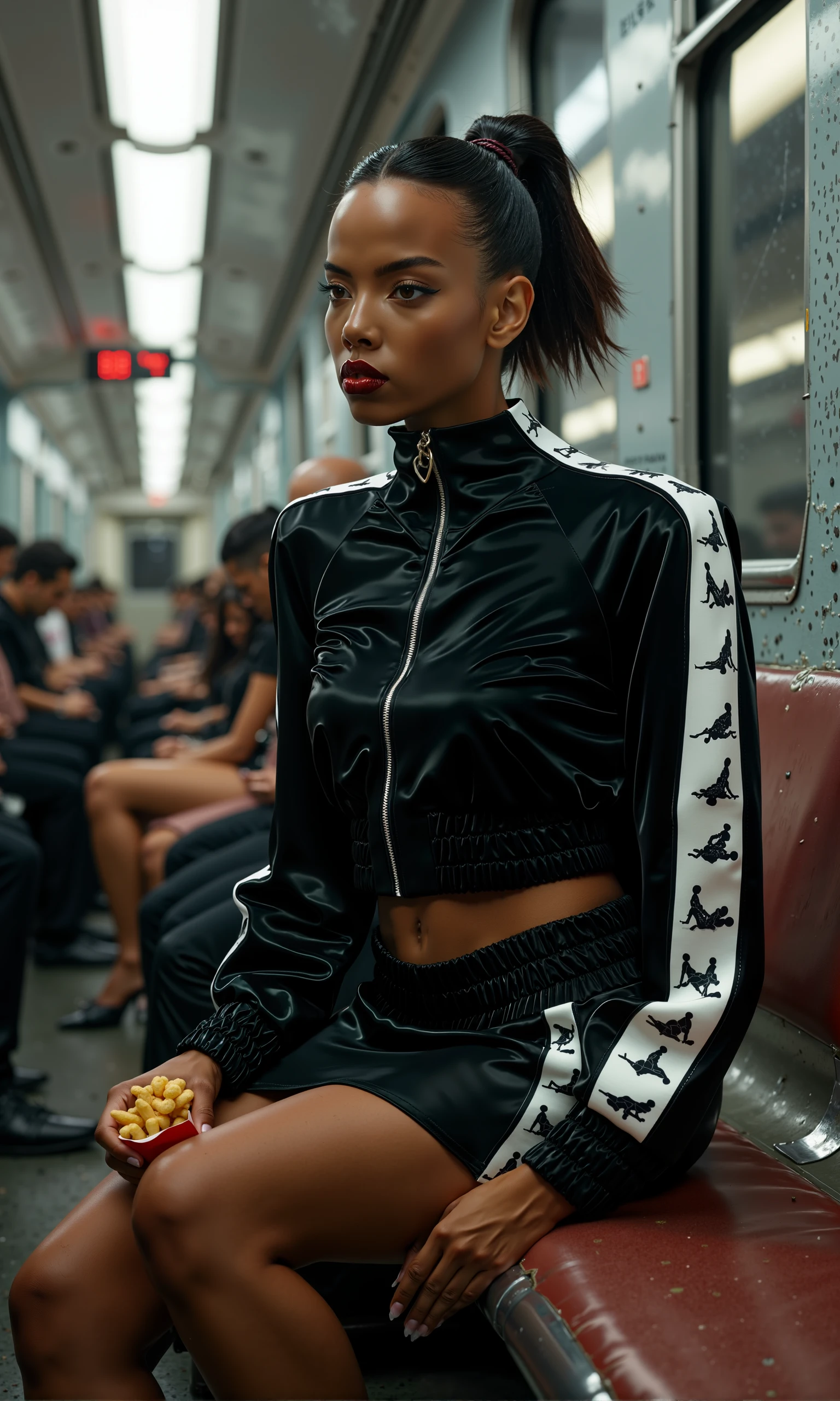 The scene takes place inside a dimly lit, retro-futuristic subway car with worn metallic seats and an ambient glow from the windows. Seated casually, an African-American model exudes confidence and nonchalance. She wears the standout Postergirl ensemble: a black satin cropped jacket with a high collar and ruched detailing on the waistband and sleeves. The white panels on the jacket’s sleeves and matching black mini skirt feature intricate Kama Sutra motifs, adding an edgy, bold twist to the sleek look.

Her posture is relaxed, with one leg casually propped on the seat, creating a strong yet laid-back vibe. She holds a snack, looking off into the distance, embodying a cool, effortless attitude. The stark contrast between her glossy, avant-garde outfit and the industrial subway setting creates a striking juxtaposition. The vivid details of the Kama Sutra motifs pop against the muted, urban backdrop, making her the ultimate futuristic Postergirl, bridging the world of high fashion with gritty, everyday settings.