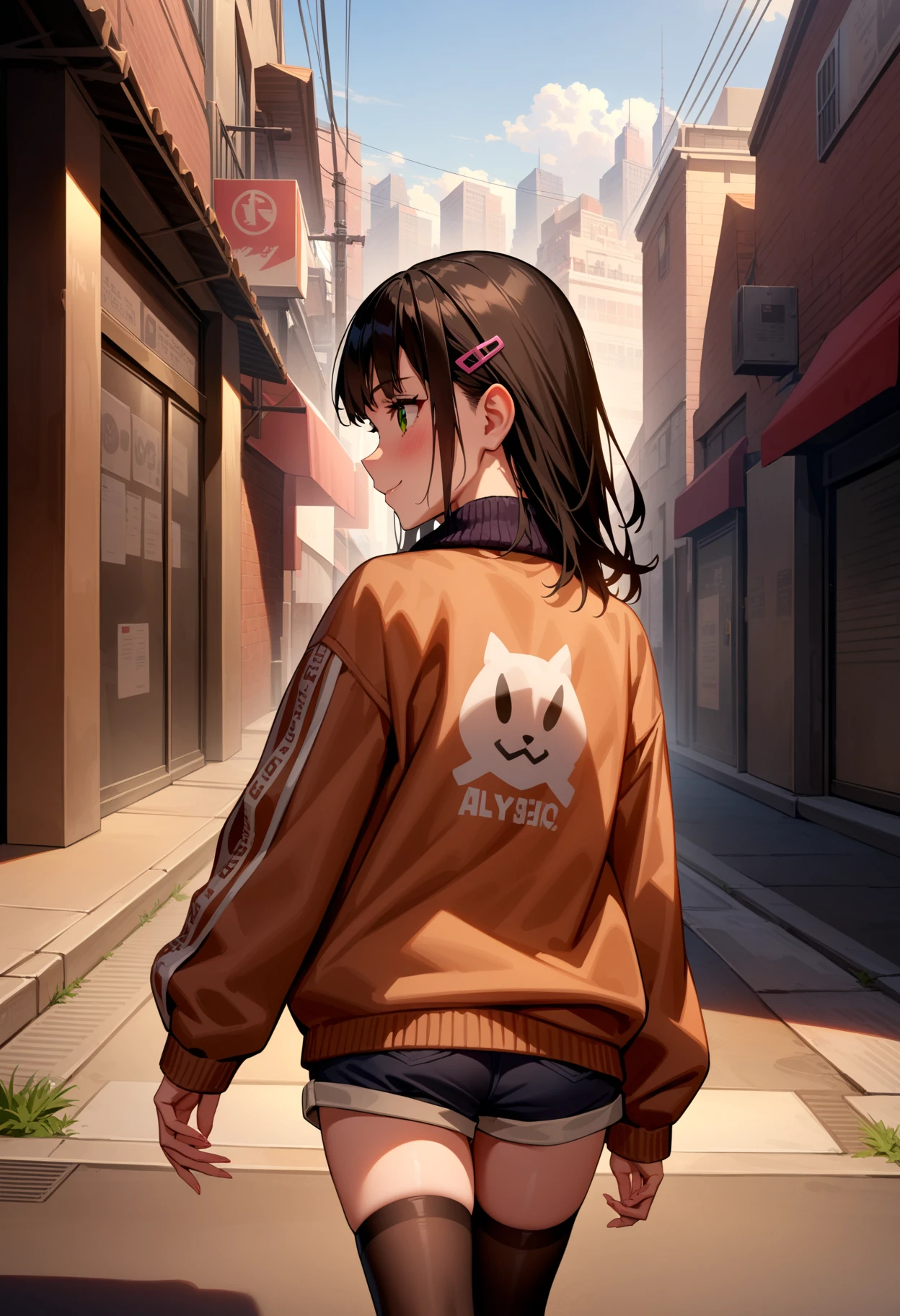 masterpiece,best quality,very aesthetic,absurdres,
1girl,solo,
<lora:Shoujo_v1:1>,shoujo01,long sleeves,jacket,shorts,hairclip,black_thighhighs,sneakers,<lora:Fixhands_anime_bdsqlsz_V1:1>,
cowboy_shot,blush,light_blush,walking,city,downtown,day,smile,from_back,looking_away,profile,((voyeur)),, masterpiece,best quality, very aesthetic, absurdres, ultra detailed, high resolution, 4k, extremely detailed CG,