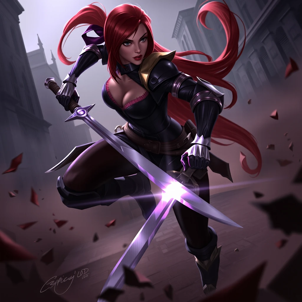 Epic_LOL, Katarina from League of Legends charges forward in an urban battlefield, her iconic red hair flowing behind her. She wields dual blades with lethal precision, slicing through the air in a dynamic and acrobatic movement. Her leather armor enhances her agile form, while the gothic architecture and dust-filled environment create a gritty, intense atmosphere. Her fierce expression and glowing blades convey a sense of deadly determination, as she moves swiftly through the shadows.