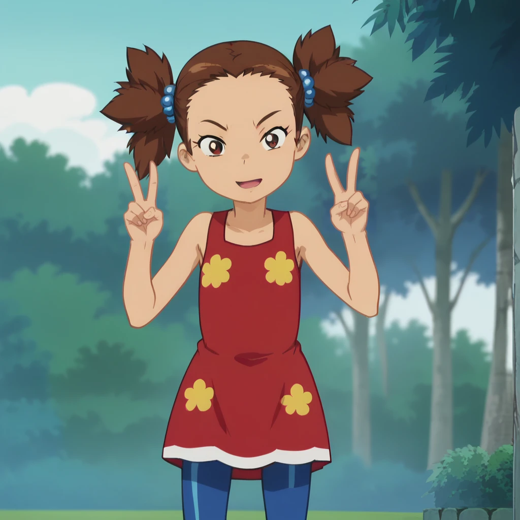 score_9_up, score_8_up, BREAK, YunaKamihara, 1girl, solo, brown hair, twintails, brown eyes, hair beads, red dress, blue pantyhose, cowboy shot,  <lora:YunaKamihara_LiloAndStitch_PXL_Leaf2:1>, outdoors, anime screencap, double v,