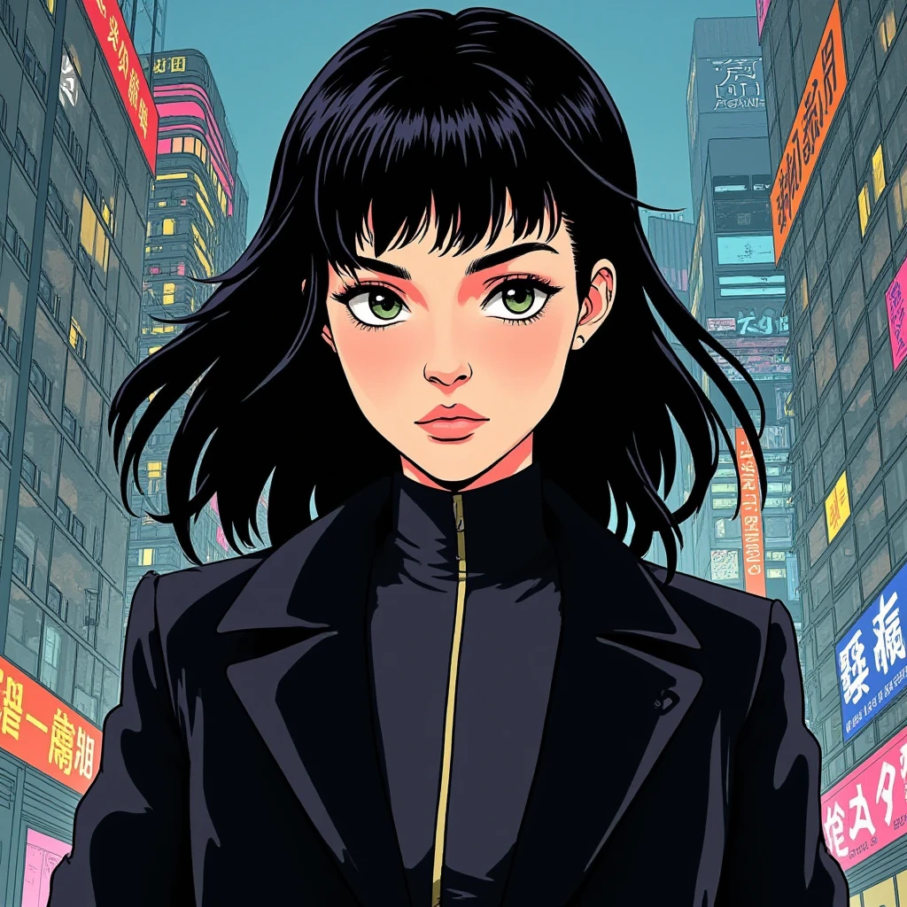 ((Retro 90s Anime style illustration)) drawing of a closeup on face of woman wearing a long black trench-coat futuristic city in the background in the style of the 90s anime Akira. , <lora:Josephine_Skriver_FLUX_v1-000034:1>