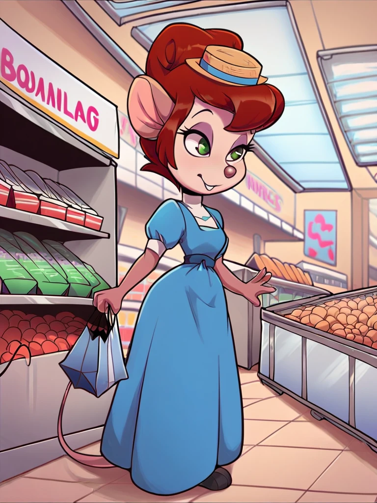 score_9, score_8_up, score_7_up, score_6_up, score_5_up, score_4_up , Nellie_Brie, blue dress, blue sash, hat, shopping bag, storefront, shopping mall, crowd, detailed background, detailed face, detailed eyes, detailed hands, <lora:nellie:1>