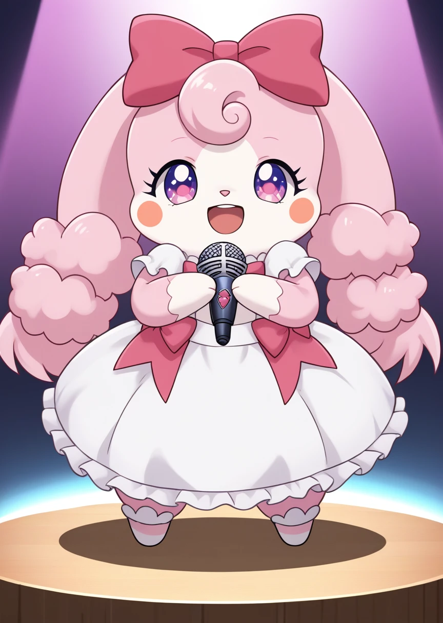 score_9, score_8_up, score_7_up, score_6_up, score_5_up, BREAK
source_anime, source_furry, Melory, solo, smile, open mouth, bow, standing, full body, open eyes, :d, hair bow, heart, no humans, stage, blush stickers, happy, pink bow, frilly idol dress, dynamic pose, holding microphone