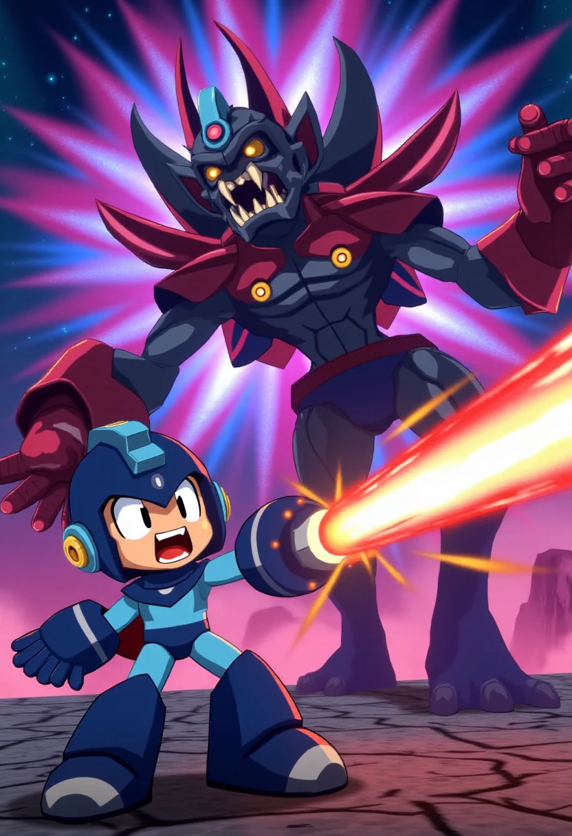 disgaea7style,Megaman firing his arm laser at a monster. Futuristic background <lora:Disgaea_7_Style_F1D-000013:0.8>