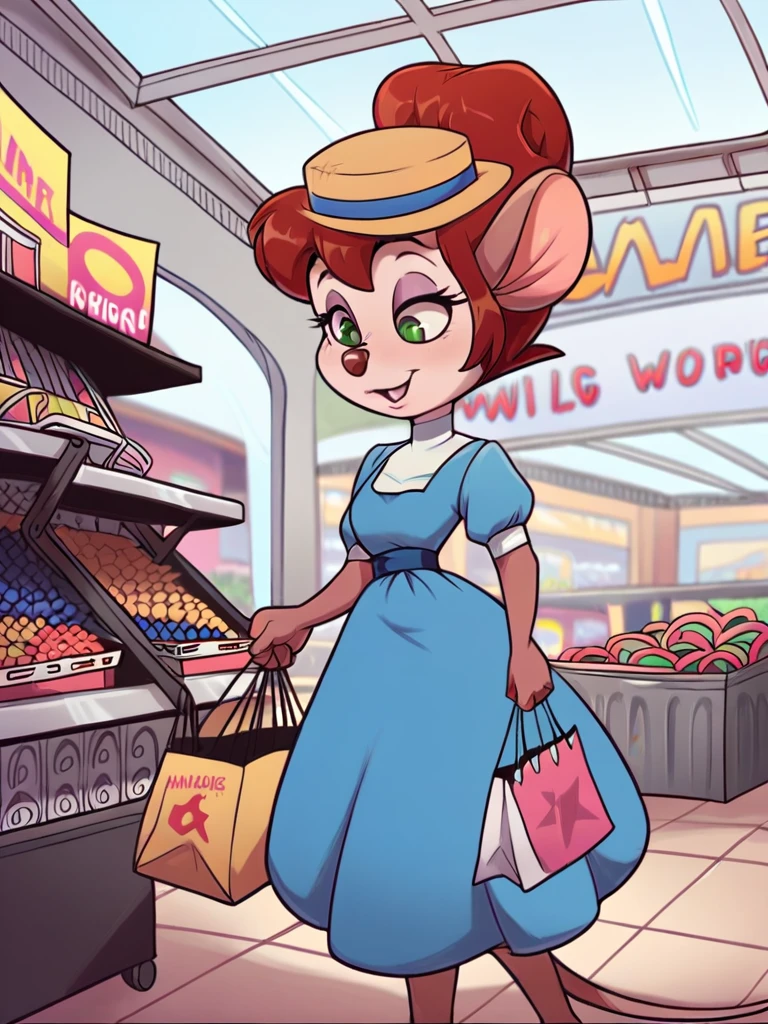 score_9, score_8_up, score_7_up, score_6_up, score_5_up, score_4_up , Nellie_Brie, blue dress, blue sash, hat, shopping bag, storefront, shopping mall, crowd, detailed background, detailed face, detailed eyes, detailed hands, <lora:nellie:1>