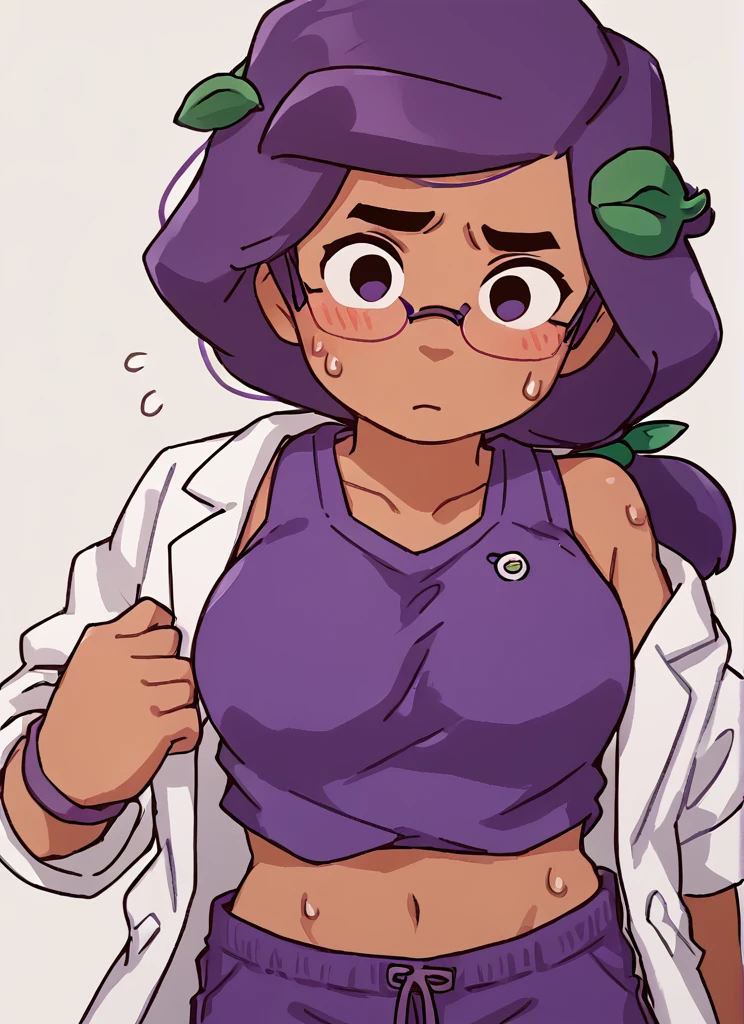 score_9, score_8_up, score_7_up,   <lora:bsrosa:1>bsrosa , 1girl, purple hair,  leaf hair ornament, dark skin   ,looking at viewer,  sweat, breast   , low ponytail, purple shorts, sleeveless shirt, glasses, navel, purple  tank top, breast  , blush,  lab coat, simple background,   <lora:Yagi_the_Goat_Style:1> by s1120411