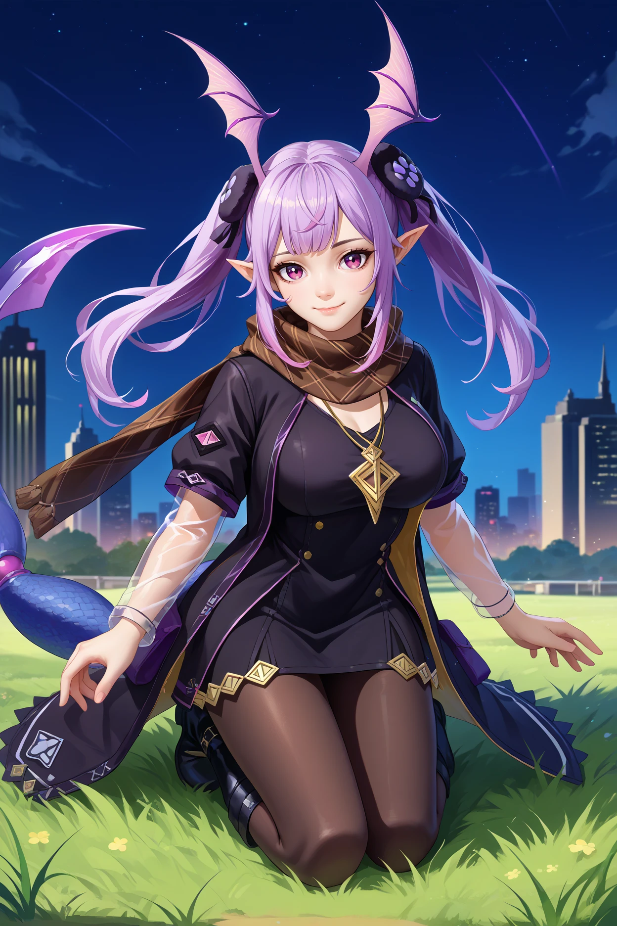 score_9, score_8_up, score_7_up, score_6_up, source_anime, 1girl, solo,  <lora:manticore-pdxl-nvwls-v1-000004:1> drgMC, lavender hair, twintails, long hair, purple eyes, hair ribbon, pointy ears, head wings, hair ornament, black coat, brown scarf, necklace, black dress, short sleeves, see-through sleeves, thighs, black pantyhose, large breasts, looking at you, kneeling, full body, black boots, field, grass, night sky, city, smile, tail