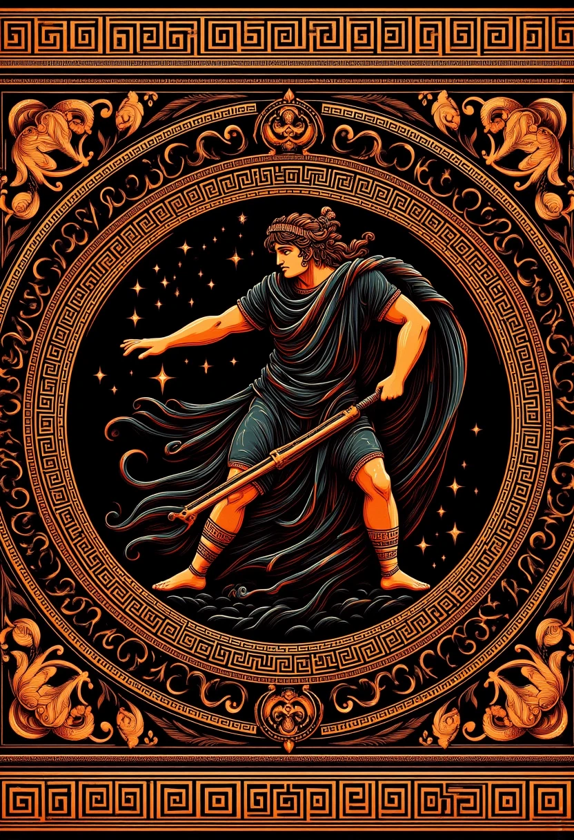 <lora:ElysnDrms_flux_EliPot:1>, grkptt, limited palette, orange theme, black background, two-tone color scheme orange black ancient greece A world where shadows come alive at night