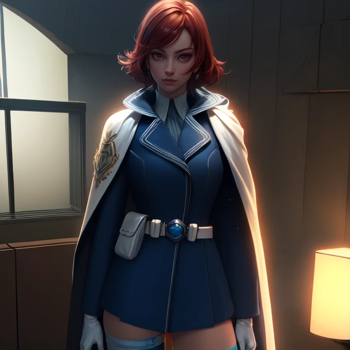 solo, cowboy shot, <lora:himenoAkatsuki:0.8>, himeno_akatsuki, red hair, short hair, red eyes, high collar, military, uniform, military uniform, long sleeves, blue uniform, cape, white cape, parted cape, gloves, white gloves, bare thighs, thigh strap, indoors, standing, masterpiece, best quality, absurdres, highres, 4k, ray tracing, perfect face, perfect eyes, intricate details, highly detailed