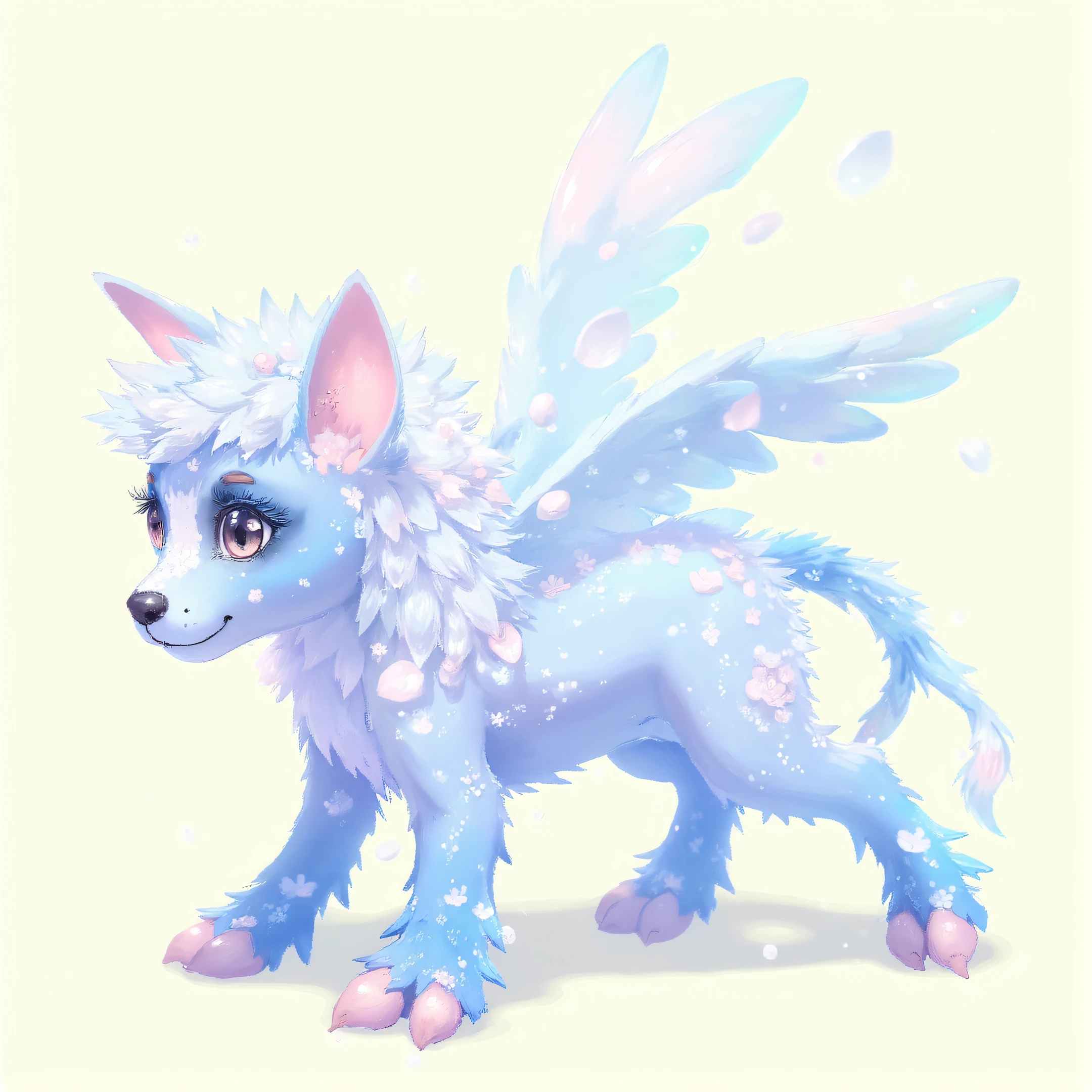 ArsMJStyle,Cute, masterpiece, best quality,  Small Gentle Crystalline playful tendril-laden individual, Multipedal Decamanual, Clawed Appendages, Trifurcated-Tailed, Forked-Tailed, wooly fur, elongated ears, Pegasus Wings, .