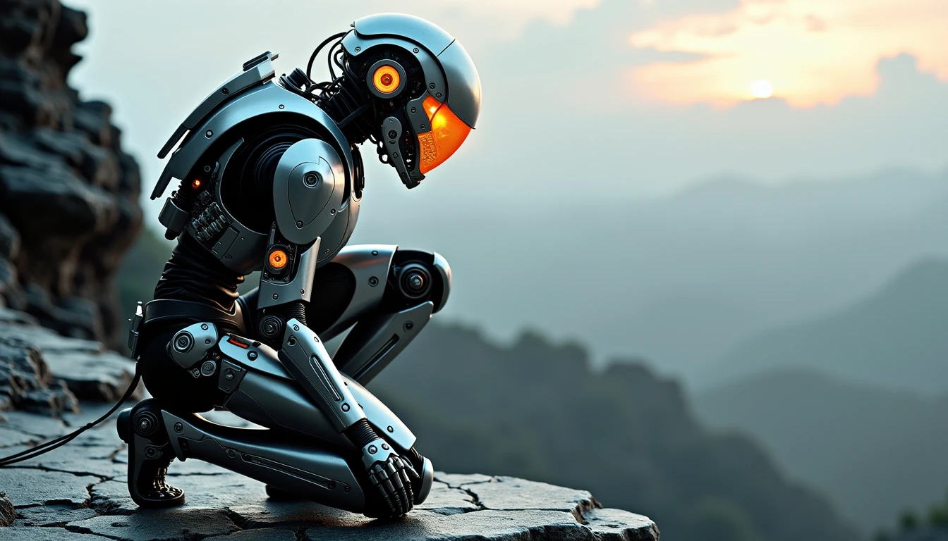 scifi robot,robot kneels on the edge of a cliff, scanning the horizon with a glowing orange visor. From a side profile, its slim frame is accentuated by sleek armor plates, with no visible weapons but small compartments across its limbs. A close-up of its helmet reveals detailed circuitry and a glowing data port, constantly transmitting information back to base, highly detailed, eerie, gritty, cinematic backlight, depth of field