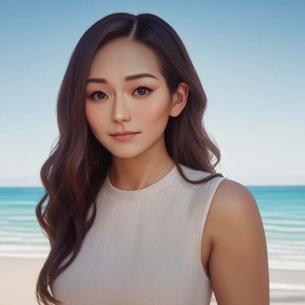 score_9, score_8_up, score_7_up, source_anime, professional photograph of  karen woman, long hair, wavy hair, upper body, wearing casual clothes, sleeveless, at a beach, ocean background, sunny day, looking at the viewer <lora:Karen Fukuhara Pony-000008:1>