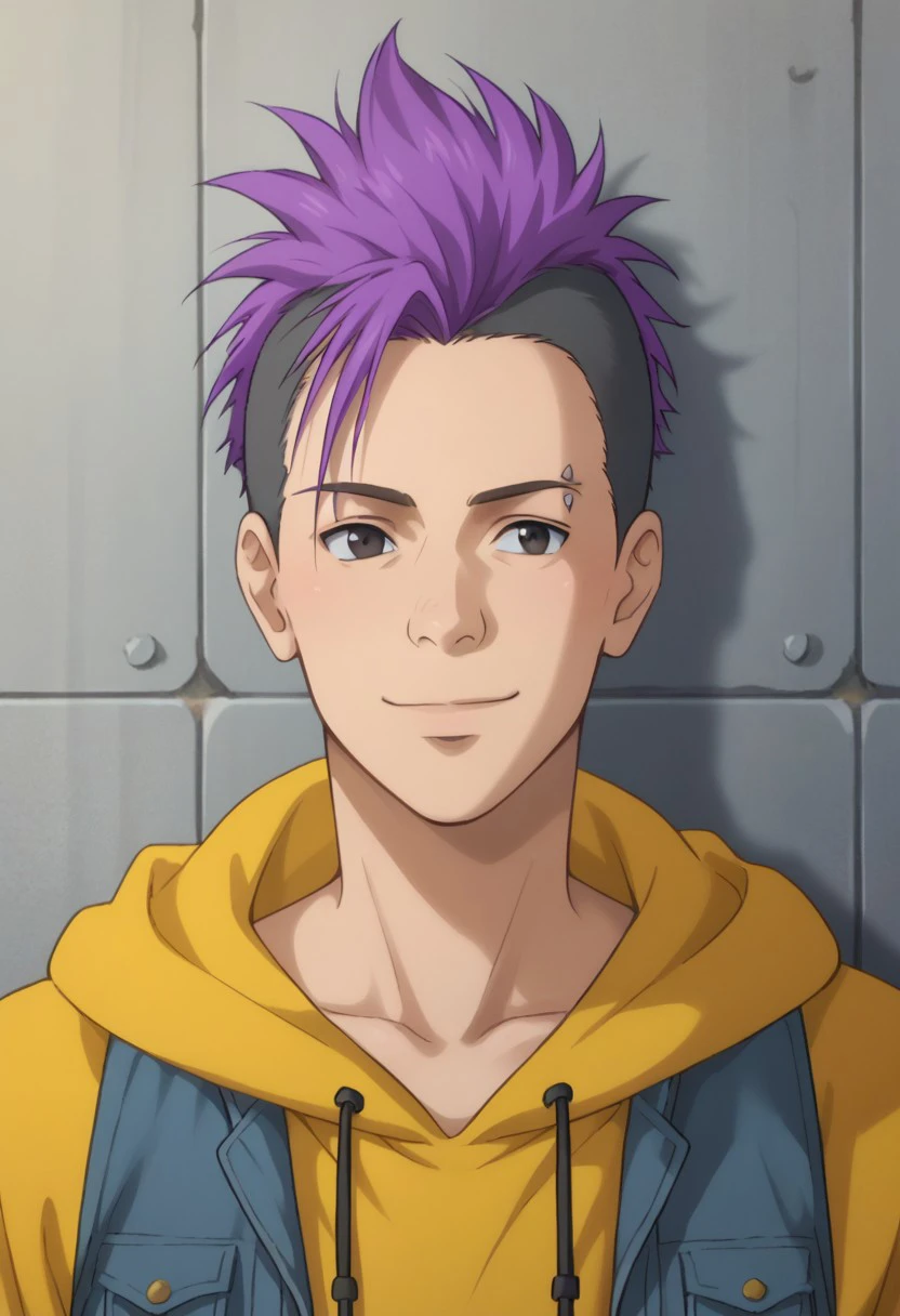 score_9, score_8_up, score_7_up, source_anime, highly detailed, 
wong, 1boy, male focus, undercut, black eyes, solo, purple hair, multicolored hair, smile, piercing, two-tone hair, mohawk, upper body, black hair, hoodie, yellow hoodie, hood,
outdoor, sky, wall,