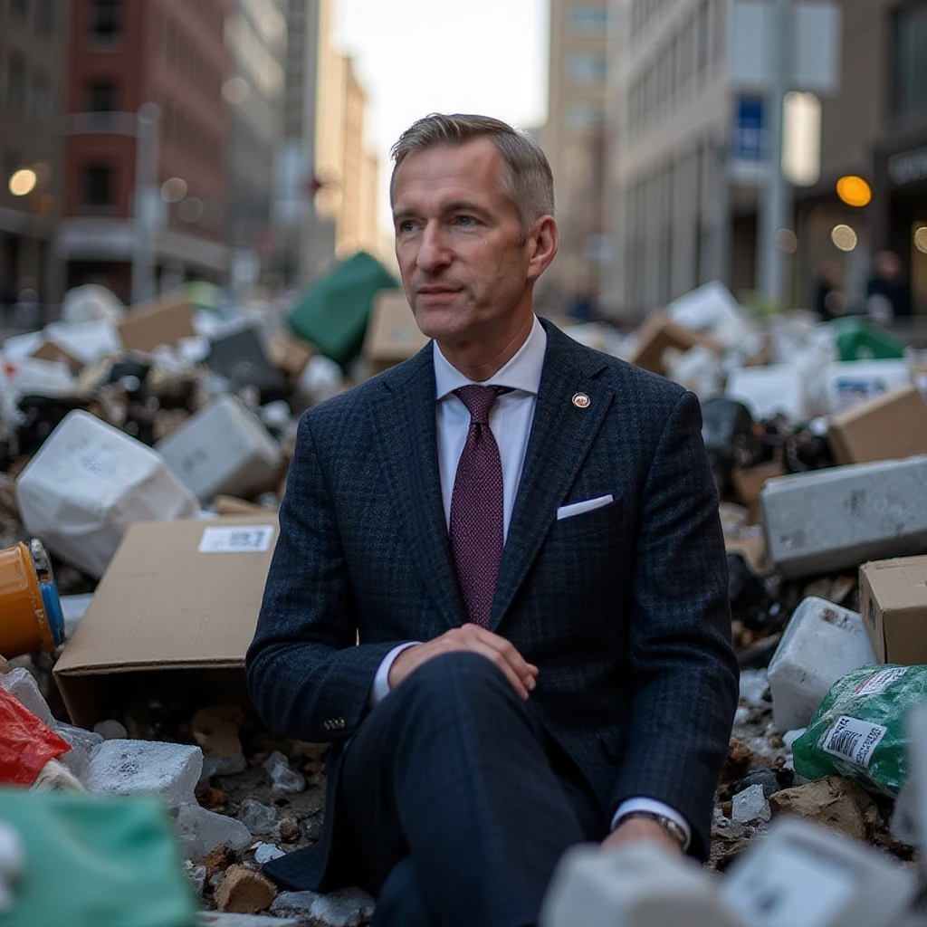 photo of twwpqdd wearing a suit and sitting in a pile of trash and looking at you in downtown Portland, photograph, realistic, perfect faces, <segment:face,0.7>photo of twwpqdd man, Ultra clear, 4k, high resolution
