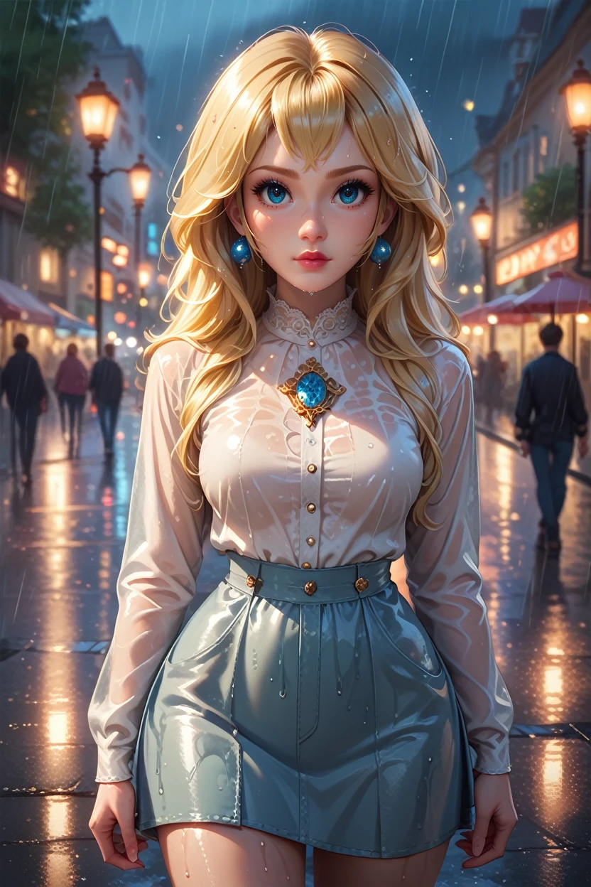 score_9, score_8_up, score_7_up, score_6_up
<lora:MPPeach:1.0>
MPPeach, 1girl, blonde hair, long hair, blue eyes, looking at viewer, standing under a streetlamp in the rain, reflections on wet pavement, city lights blurred in the background, cinematic and dramatic feel