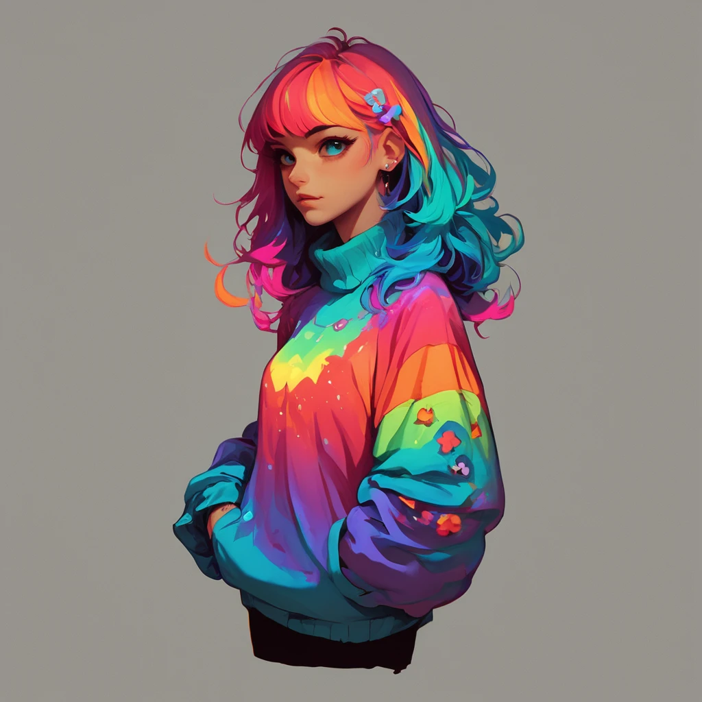 score_9, score_8_up, score_7_up, FFDAC, 1woman, colorful outfit, sweater