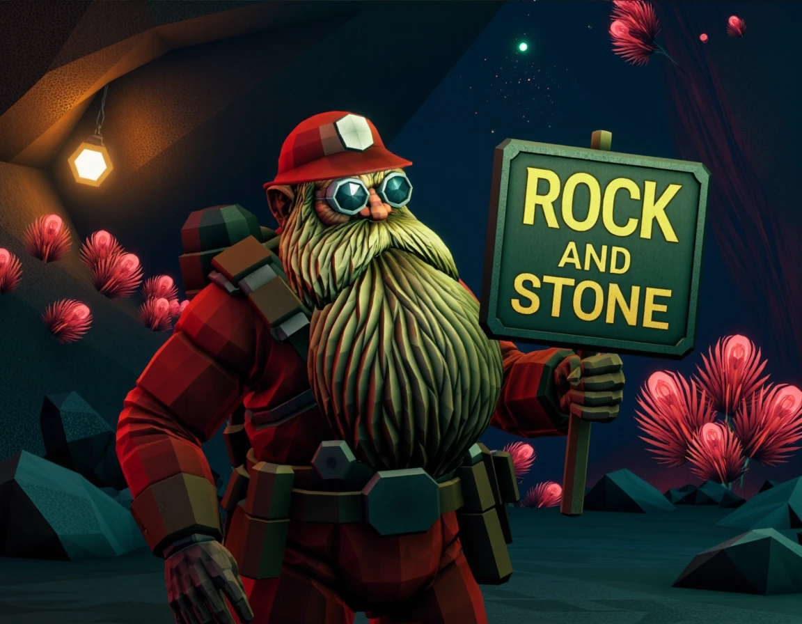 cinematic photo of dr_engineer, with huge blonde beard,  wearing red hat, wearing red uniform, wearing goggles,  holding a sign that reads rock and stone, in a dark cave with strange bio-luminescent plants 
 <lora:DeepRock-v3-000014:1>deeprock