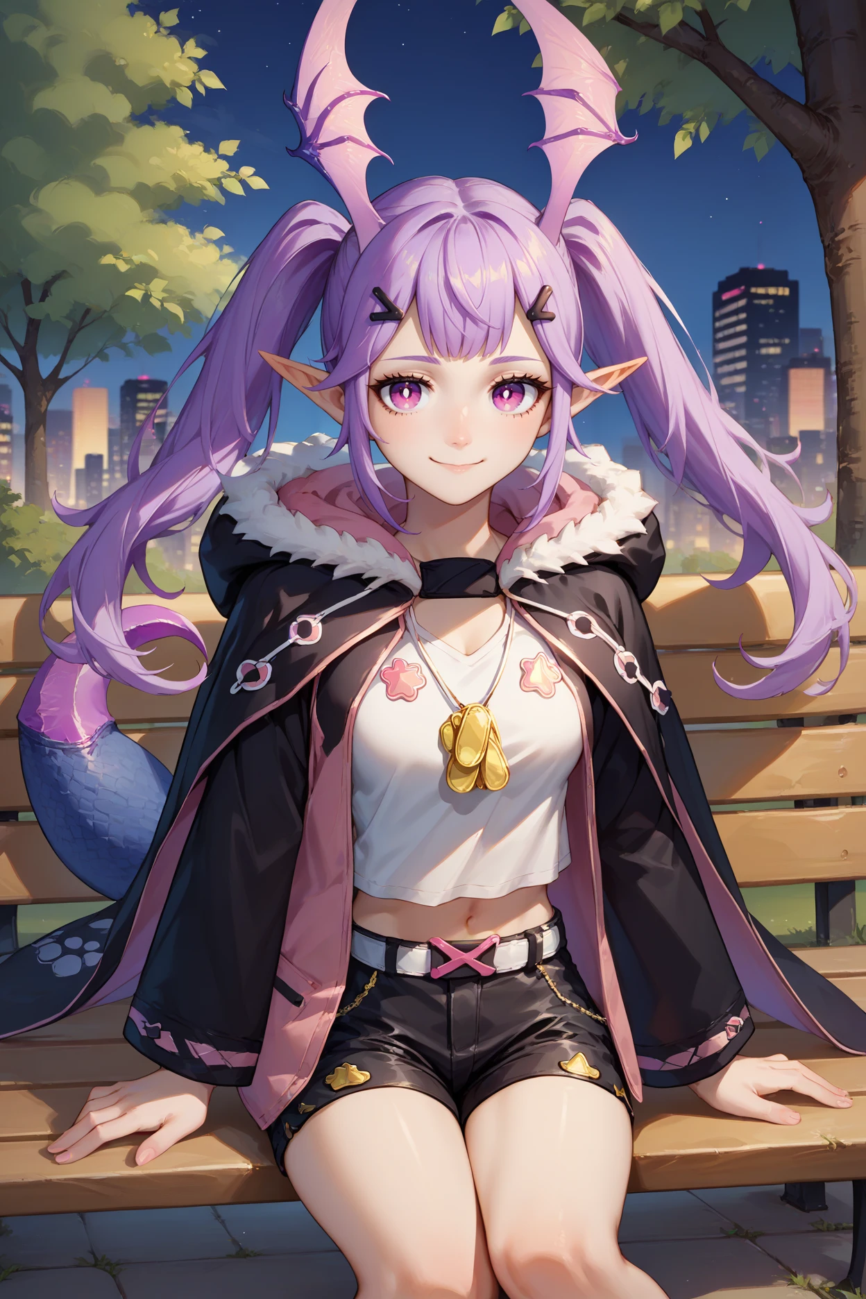 score_9, score_8_up, score_7_up, score_6_up, source_anime, 1girl, solo,  <lora:manticore-pdxl-nvwls-v1-000004:1> defMC, lavender hair, twintails, long hair, purple eyes, hair ribbon, pointy ears, head wings, hairclip, black jacket, long sleeves, fur trim, white camisole, midriff, dog tags, hooded jacket, white belt, black shorts, medium breasts, sitting, park bench, bench, looking at you, city, smile, night, tail