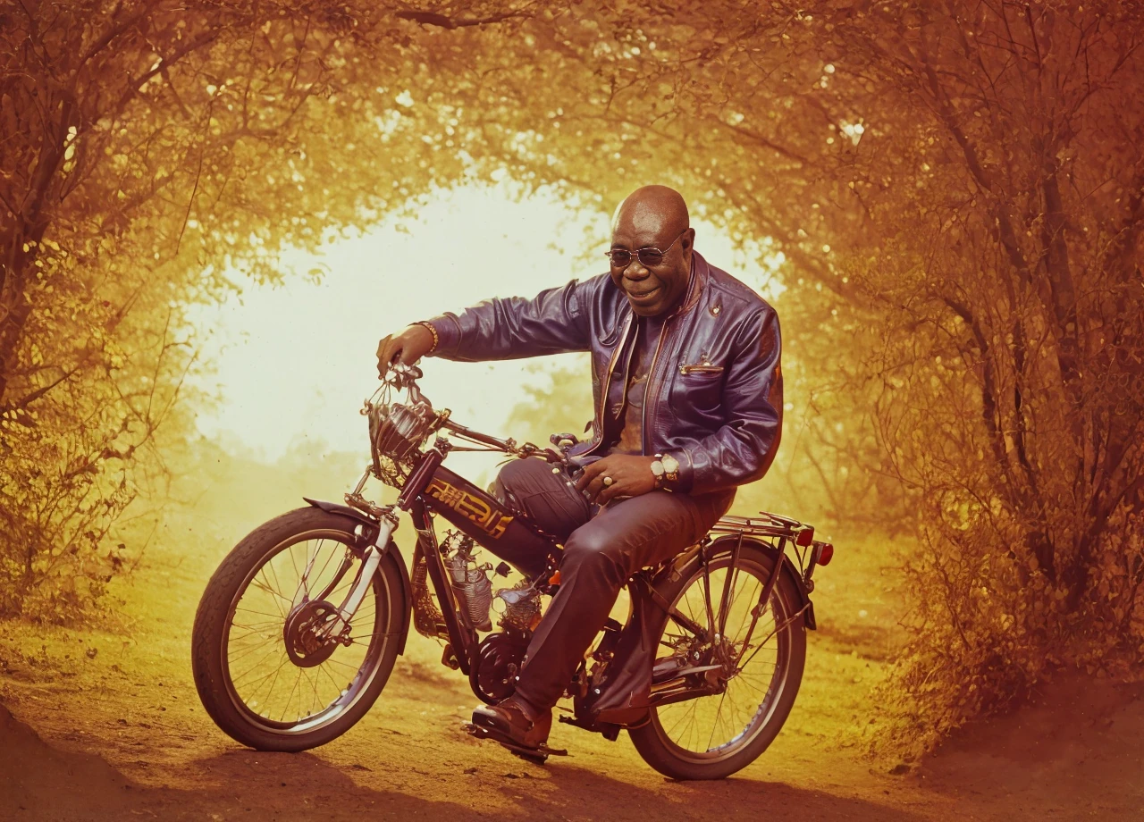 <lora:ManuDibango:1>A photo of Manu Dibango,on a bike, 4k, highest quality, masterpiece