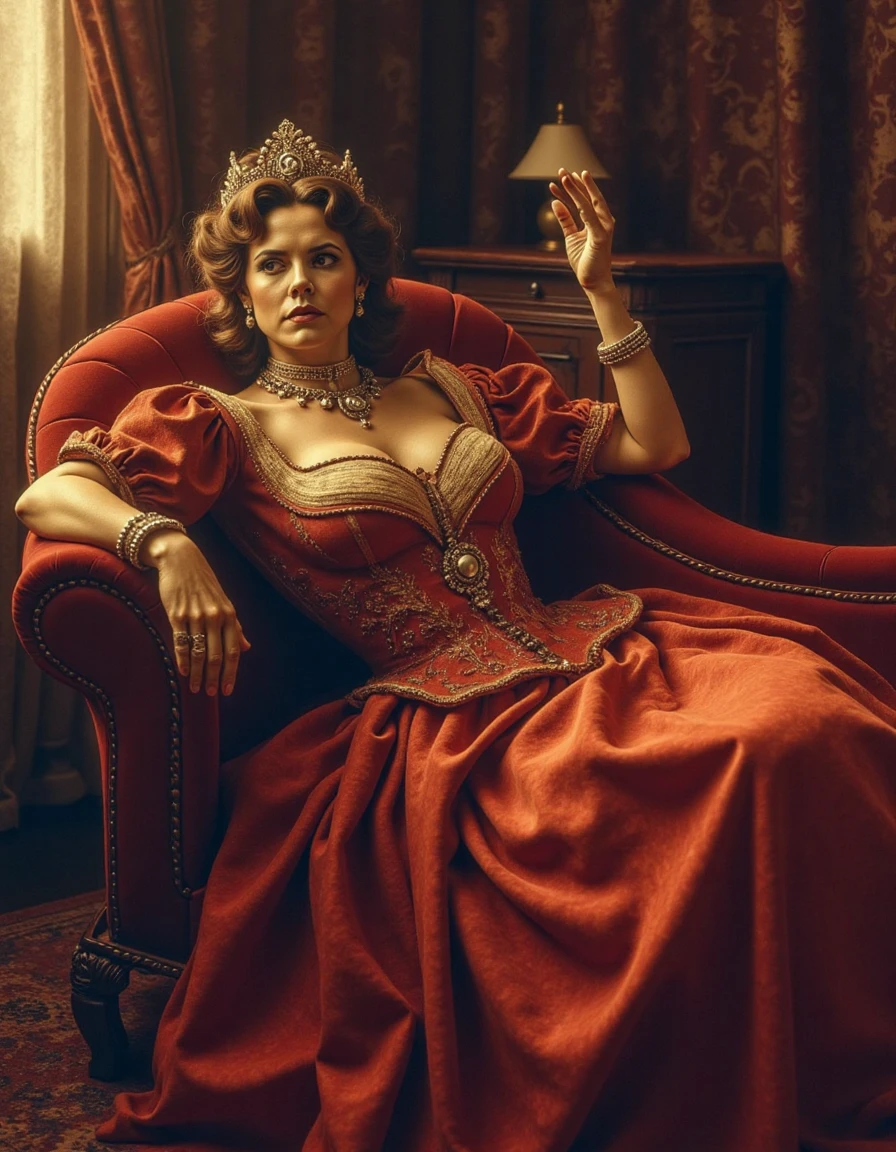 retro, vintage,	A majestic yet worn out  noblewoman lounging in opulent luxury adorned with decadent fashion. She is draped across a velvet chaise lounge with one hand raised in desperation. The room's heavy velvet curtains cast gentle shadows.